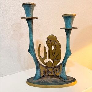 Vintage Brass & Patina Metal Candle Holder – Sculptural Mid-Century Style Decor